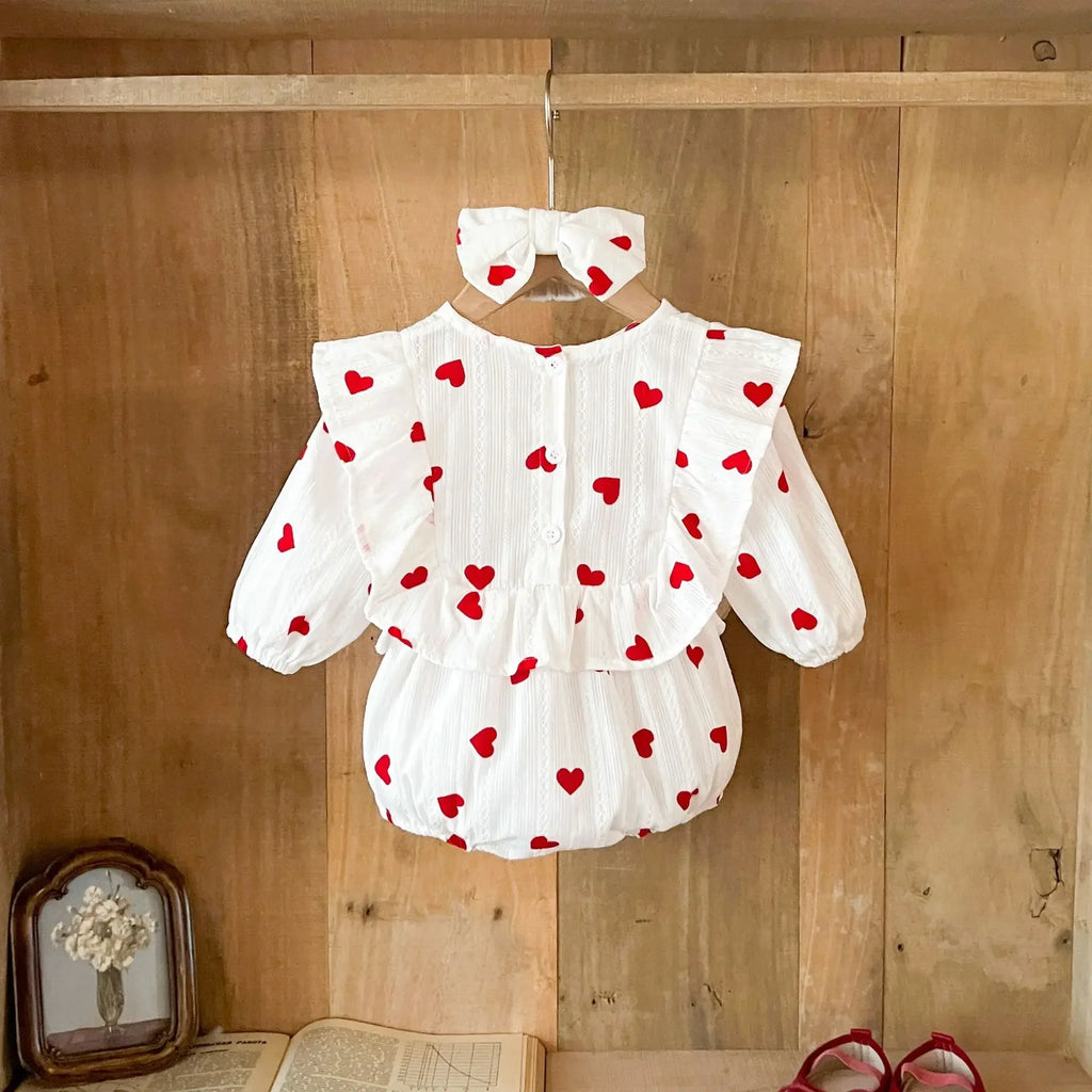 2026 Newborn Girl Romper 0-3Y Girl Spring Bodysuit Soft Cotton Long Sleeve Heart Print Onesie+Headband Cute Infant Baby Clothing