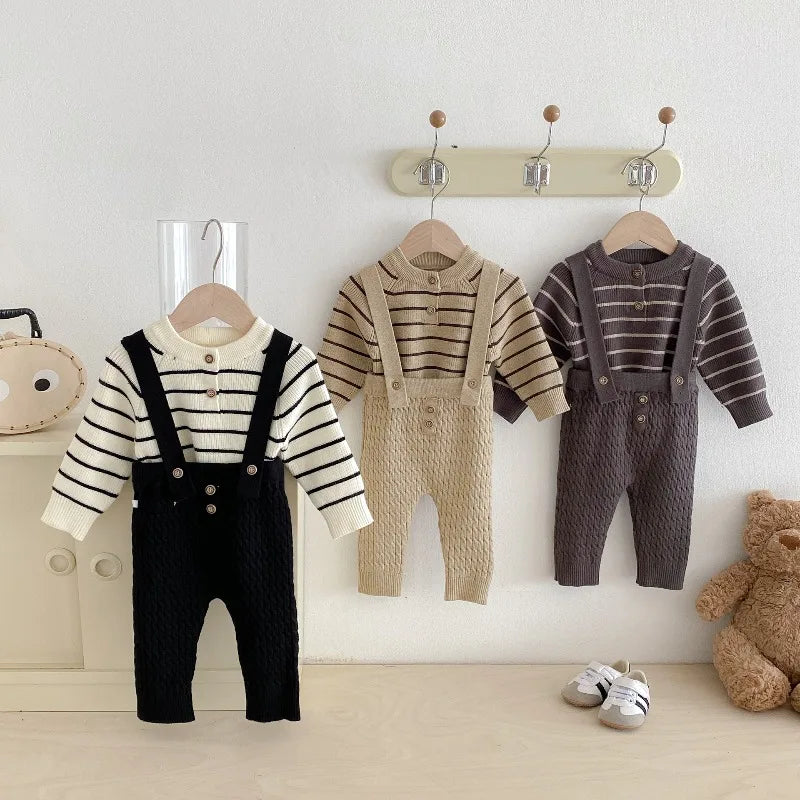 2026 New Spring Autumn Baby Girl Boy Sets Striped Knit Long Sleeve Sweater Top Suspender Pants for 0-2 Years Clothing A5311