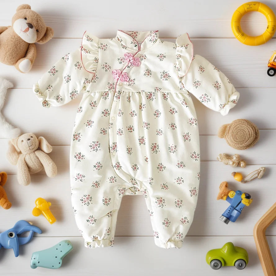 Winter Warm Baby Girls Rompers Floral Princess Long Sleeve Infants Girls Jumpsuits Clothing