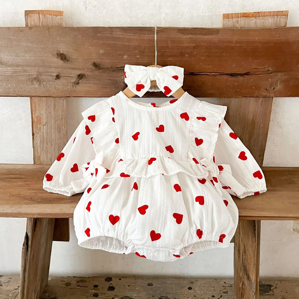 2026 Newborn Girl Romper 0-3Y Girl Spring Bodysuit Soft Cotton Long Sleeve Heart Print Onesie+Headband Cute Infant Baby Clothing