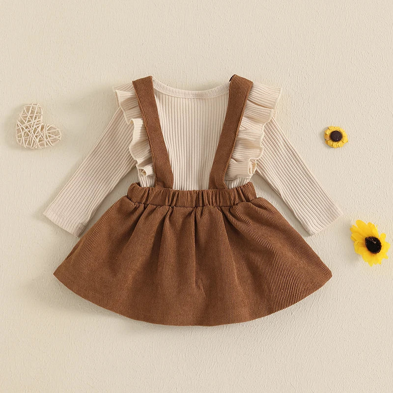 Infant Baby Girl Fall Outfits Ruffles Long Sleeve Crew Neck Ruffled Romper with Corduroy Suspender Skirt 2 Pcs Girls Sets
