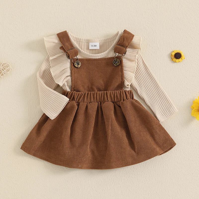 Infant Baby Girl Fall Outfits Ruffles Long Sleeve Crew Neck Ruffled Romper with Corduroy Suspender Skirt 2 Pcs Girls Sets