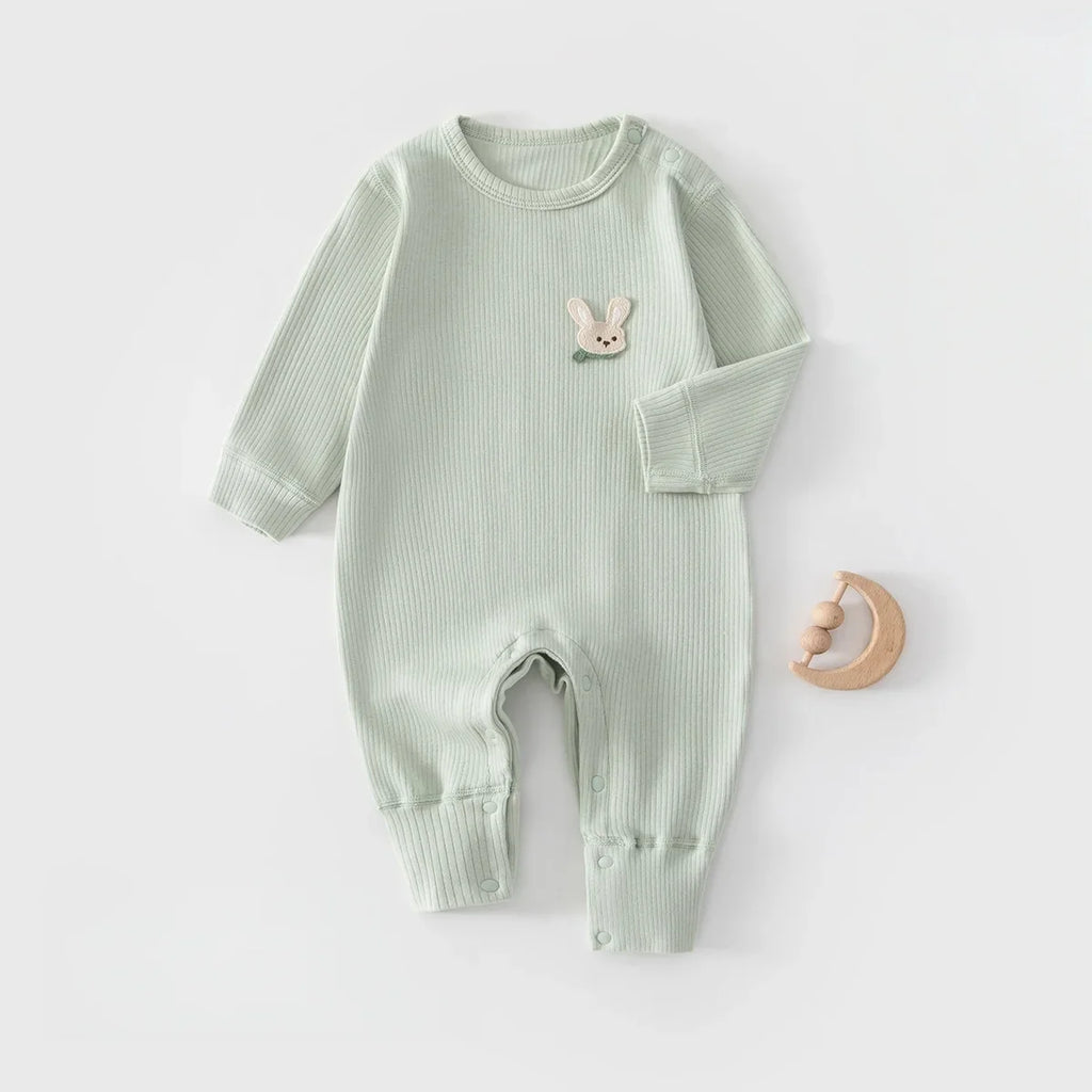 0-2Y Infant Girl Boy Jumpsuit Ribbed Knit 2026 Newborn Baby Romper Spring Cute Patch Easy Snap Closure Soft Baby Clothes