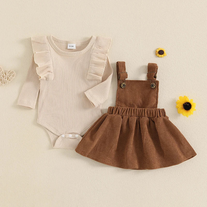 Infant Baby Girl Fall Outfits Ruffles Long Sleeve Crew Neck Ruffled Romper with Corduroy Suspender Skirt 2 Pcs Girls Sets