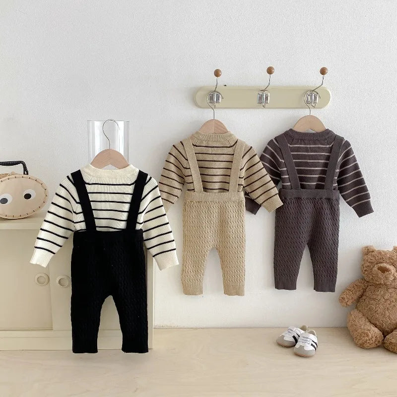 2026 New Spring Autumn Baby Girl Boy Sets Striped Knit Long Sleeve Sweater Top Suspender Pants for 0-2 Years Clothing A5311