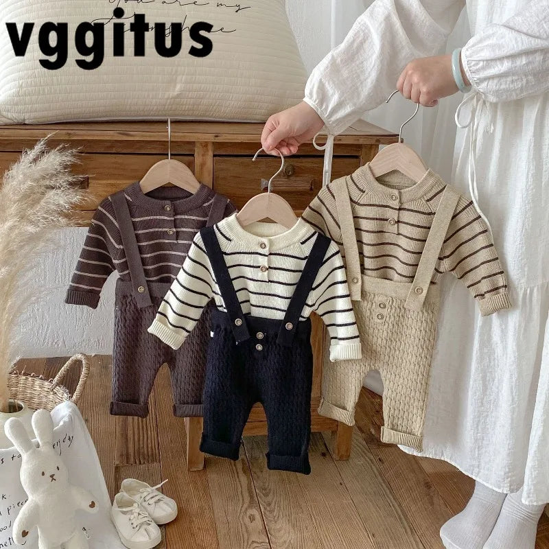 2026 New Spring Autumn Baby Girl Boy Sets Striped Knit Long Sleeve Sweater Top Suspender Pants for 0-2 Years Clothing A5311