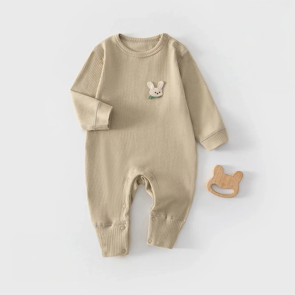 0-2Y Infant Girl Boy Jumpsuit Ribbed Knit 2026 Newborn Baby Romper Spring Cute Patch Easy Snap Closure Soft Baby Clothes